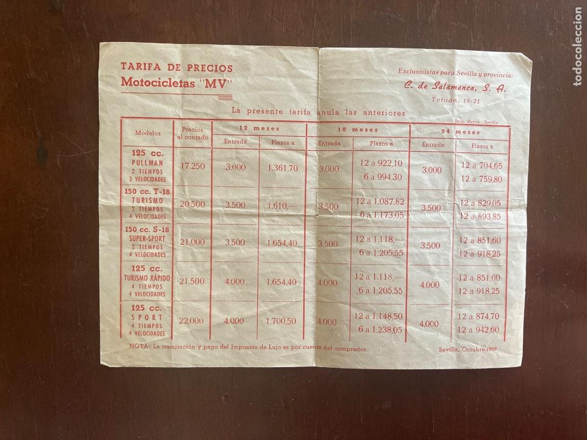 Cat&aacute;logos publicitarios: Tarifa de precios y formas de pago. Motocicletas MV. C. De Salamanca Sevilla .octubre 1959.