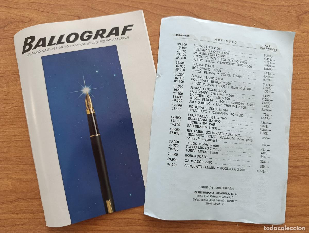 Cat&aacute;logos publicitarios: CATALOGO INSTRUMENTOS DE ESCRITURA SUECOS BALLOGRAF. A&Ntilde;OS 80. CON HOJA DE PRECIOS. PLUMAS BOLIGRAFOS