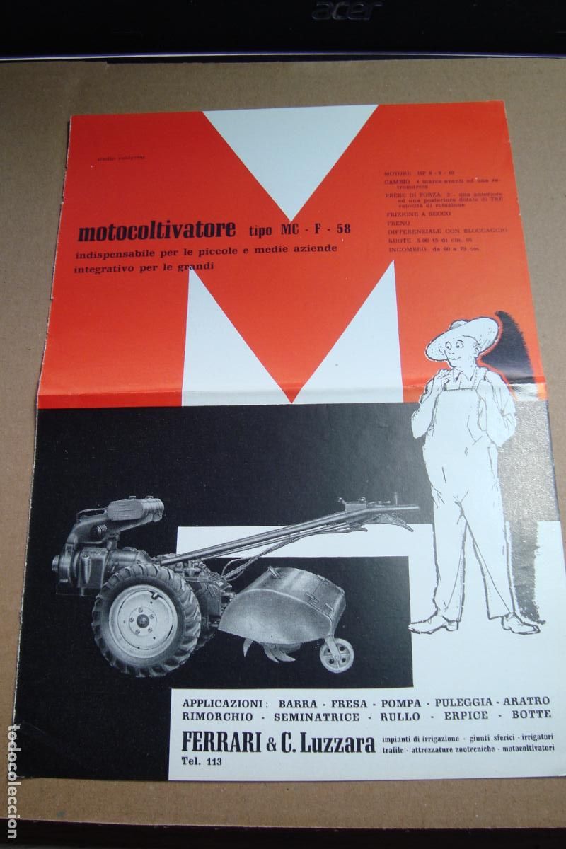 Cat&aacute;logos publicitarios: ANTIGUA PUBLICIDAD MOTOCOLTIVATORE MC F-58. FERRARI & C. LUZZARA ITALIA - LUIG LANG MILANO