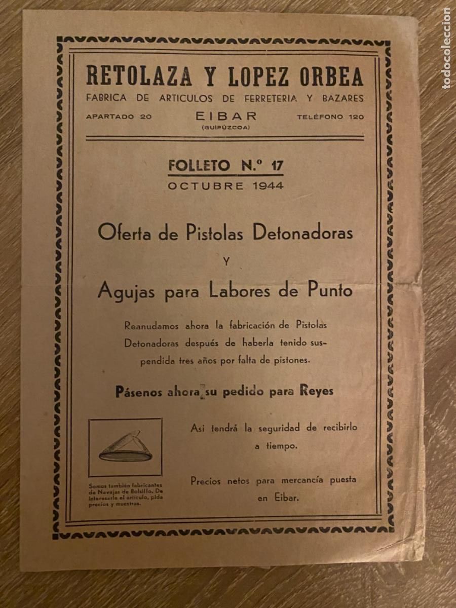 Cat&aacute;logos publicitarios: ANTIGUA PUBLICIDAD CAT&Aacute;LOGO RETOLAZA Y L&Oacute;PEZ ORBEA PISTOLAS DETONADORAS JUGUETES