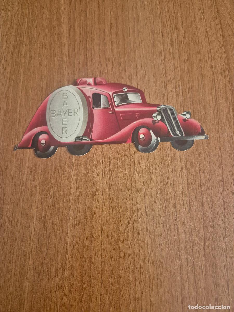 Cat&aacute;logos publicitarios: PUBLICIDAD TROQUELADA EN COCHE ANTIGUO BAYER ASPIRINA.