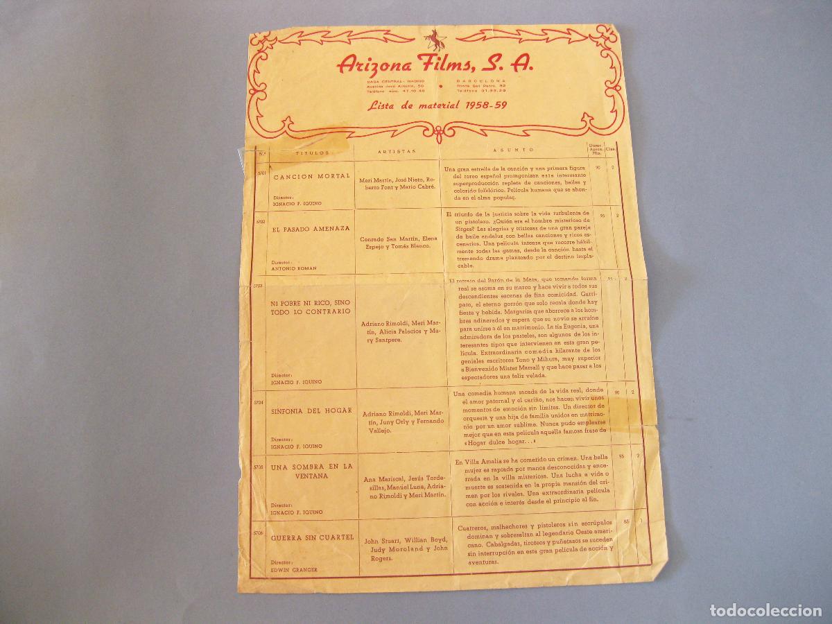 Advertising Catalogs: HOJA CAT&Aacute;LOGO DE PEL&Iacute;CULAS DE CINE. LISTA DE MATERIAL ARIZONA FILMS. 1958
