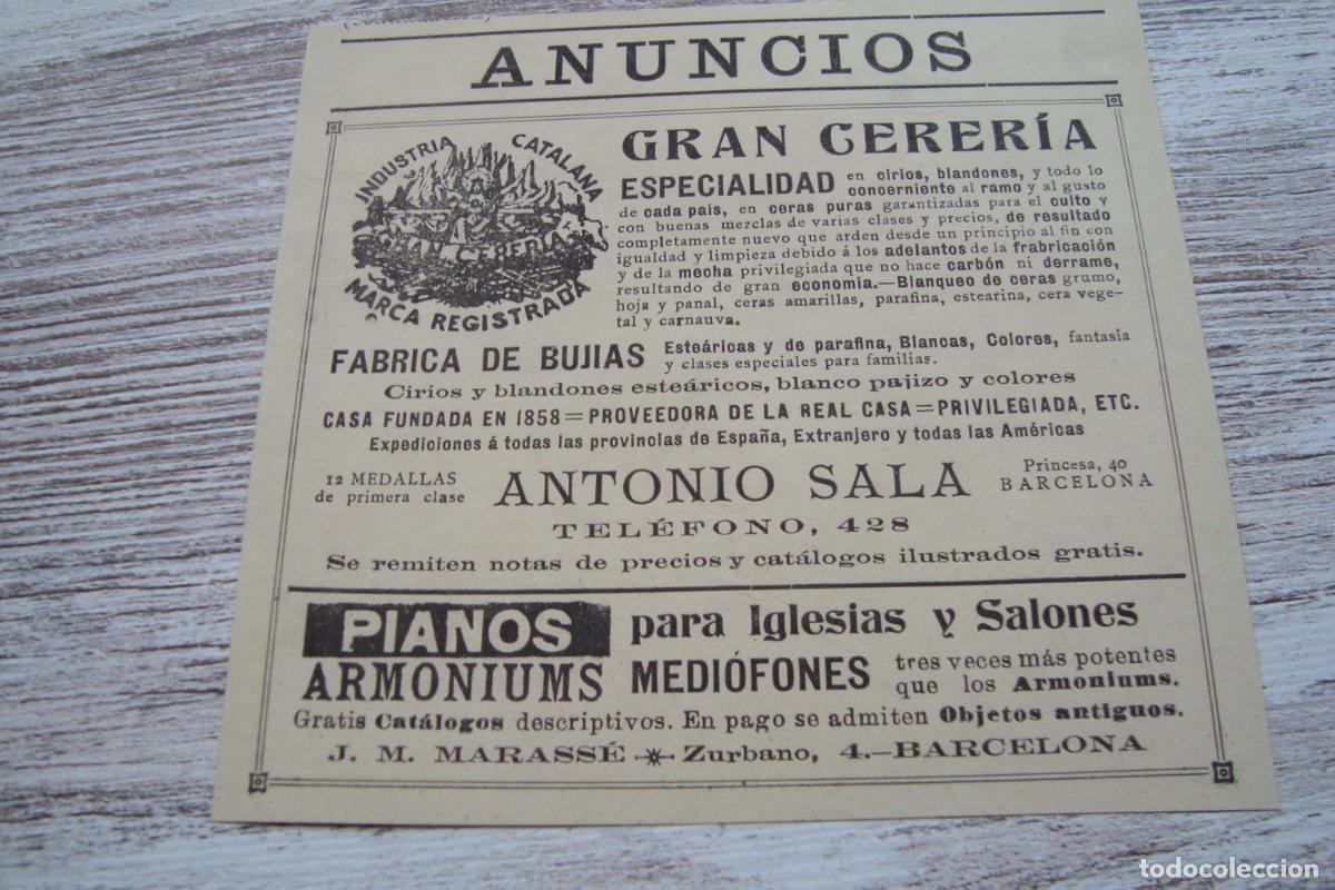 Cat&aacute;logos publicitarios: ANTIGUA PUBLICIDAD GRAN CERERIA ANTONIO SALA BARCELONA- PIANOS ARMONIUMS MARASSE BARCELONA