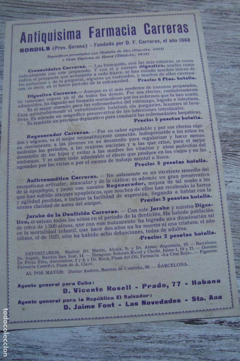Cat&aacute;logos publicitarios: ANTIGUA PUBLICIDAD FARMACIA CARRERAS. BORDILS GERONA. AGENTE PARA CUBA D.VICENTE ROSELL