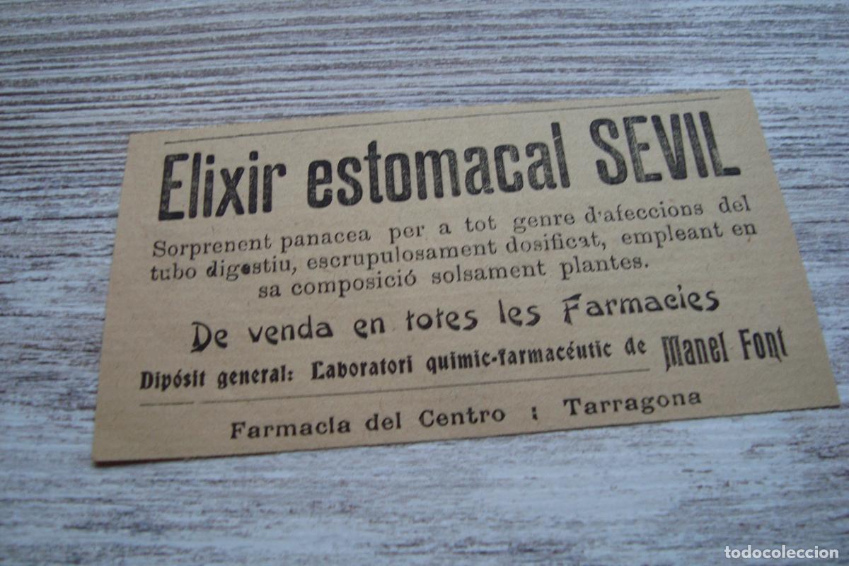 Cat&aacute;logos publicitarios: ANTIGUA PUBLICIDAD ELIXIR ESTOMACAL SEVIL. FARMACIA MANEL FONT. TARRAGONA