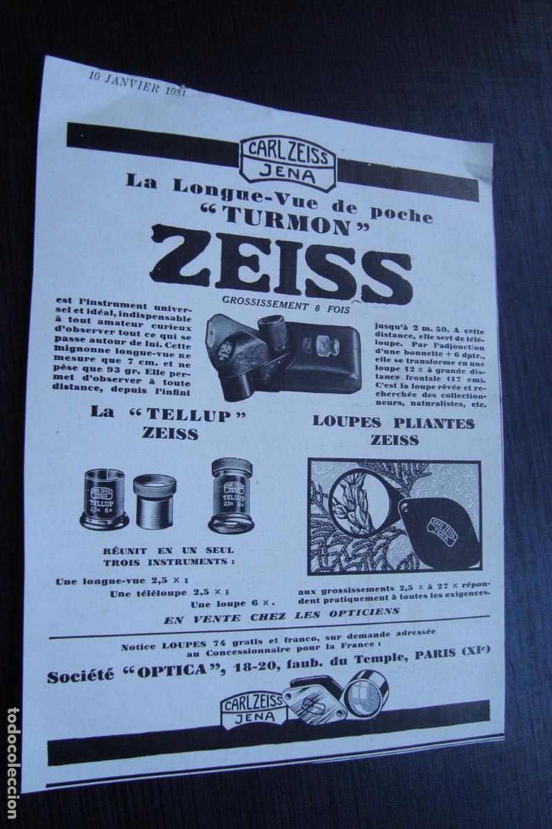 Cat&aacute;logos publicitarios: ANTIGUA PUBLICIDAD CARL ZEISS JENA. TELLUP. LOUPES. PARIS FRANCE 1931