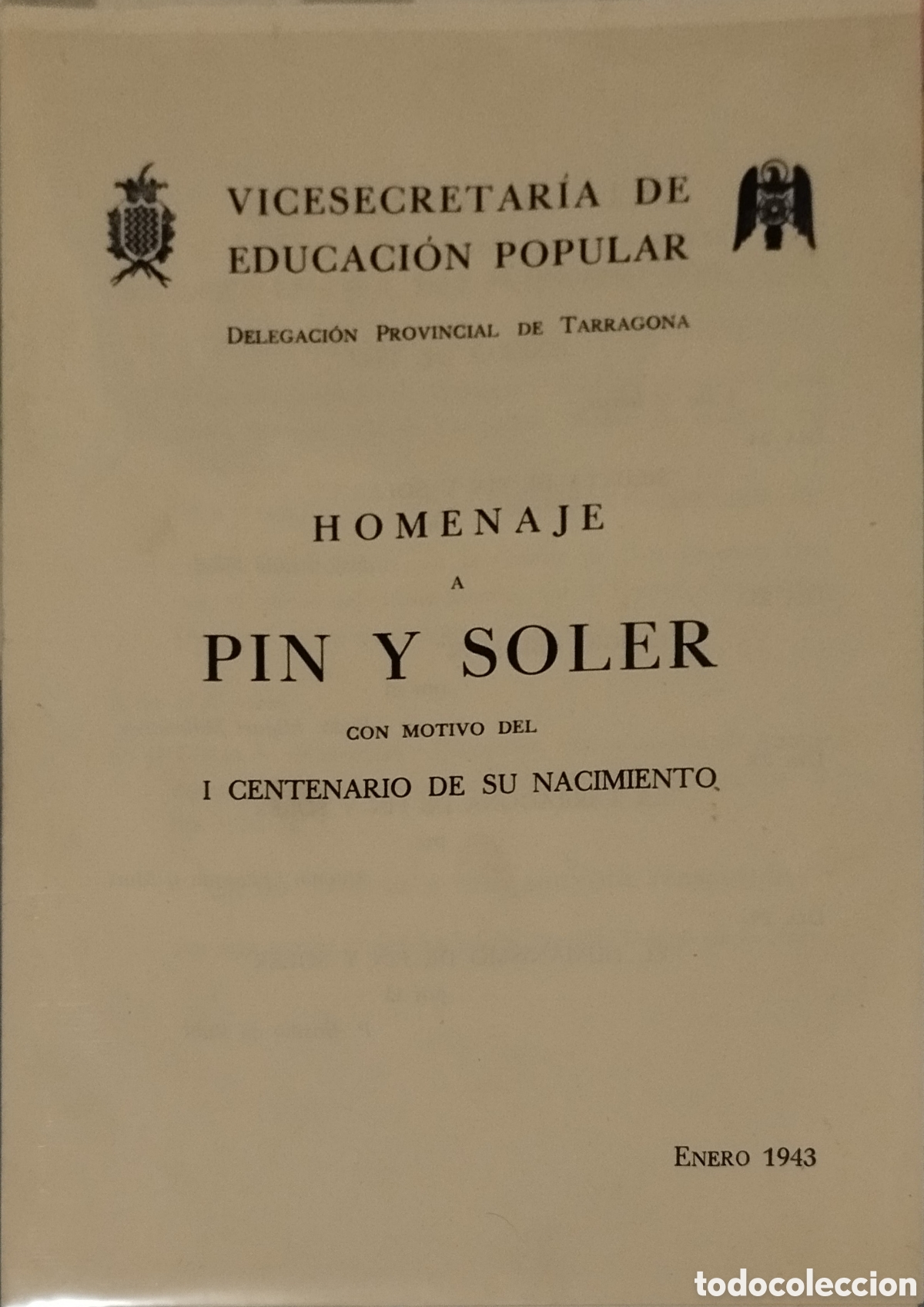 Cat&aacute;logos publicitarios: Programa Homenaje Pin y Soler - Tarragona 1943 - Educaci&oacute;n Popular - Original