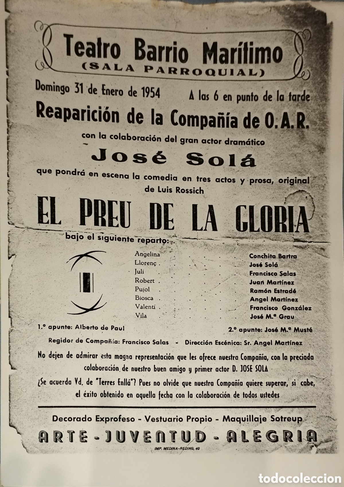 Cat&aacute;logos publicitarios: Programa de Teatro Antiguo 1954. El Preu de la Gl&oacute;ria - Teatro Barrio Mar&iacute;timo. Compa&ntilde;&iacute;a Jos&eacute; Sol&aacute;.