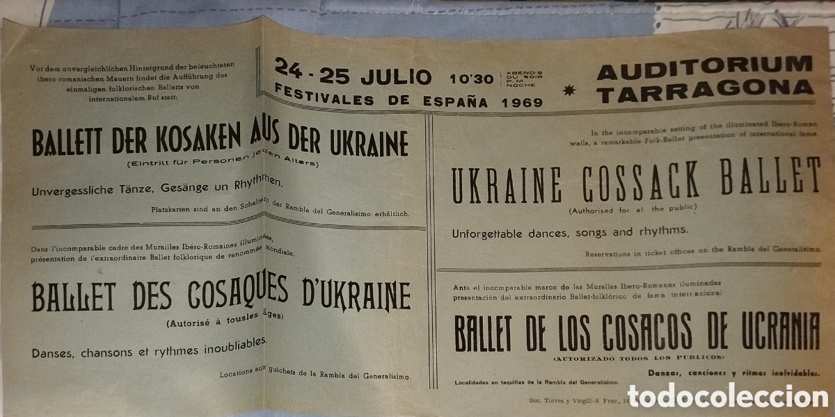 Cat&aacute;logos publicitarios: Folleto Cartel Festivales de Espa&ntilde;a 1969. Ballet Cosacos de Ucrania - Auditorium Tarragona.