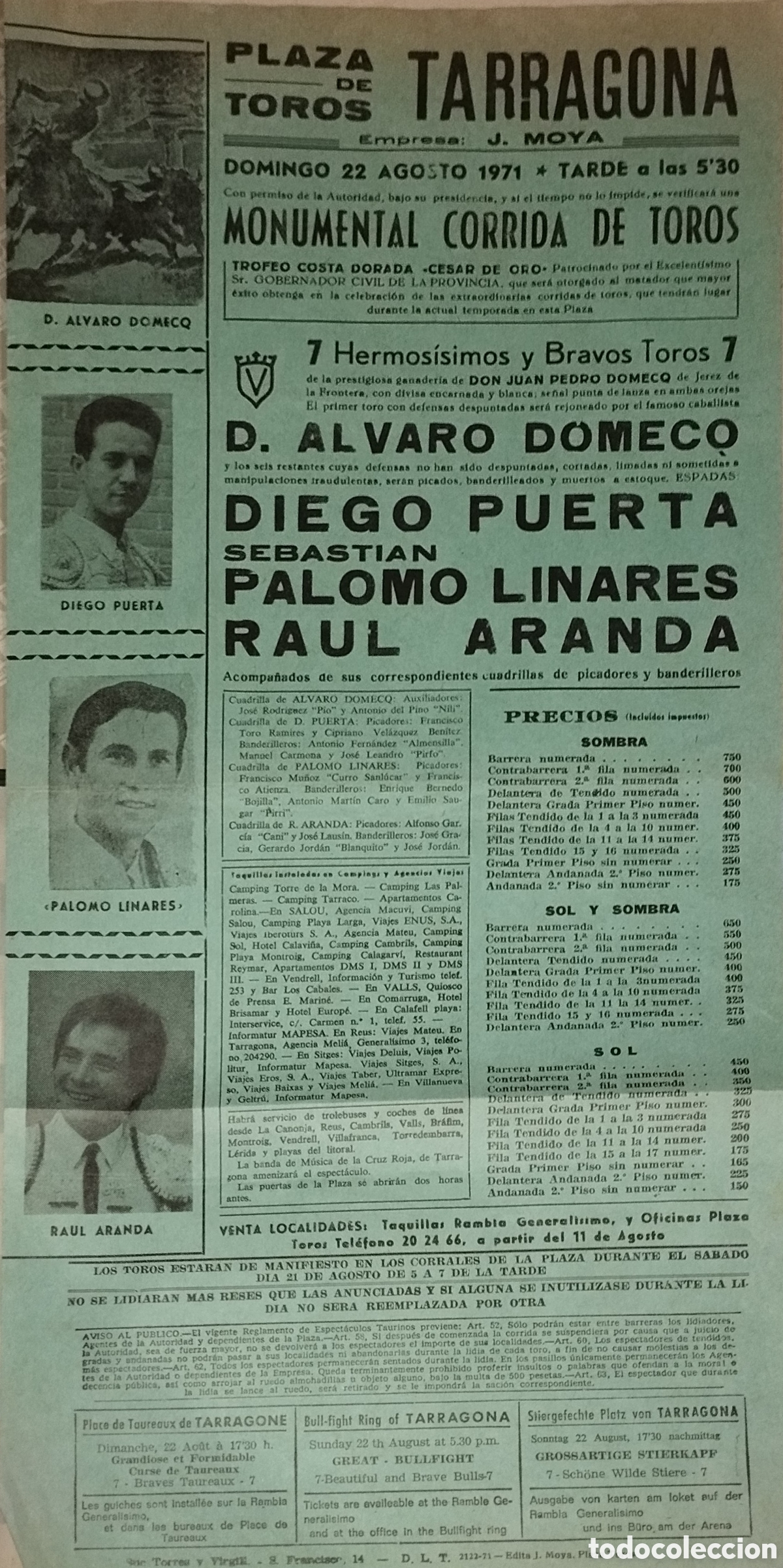 Cat&aacute;logos publicitarios: Programa Cartel de Toros Tarragona 1971. Diego Puerta, Palomo Linares, Ra&uacute;l Aranda. Domecq.