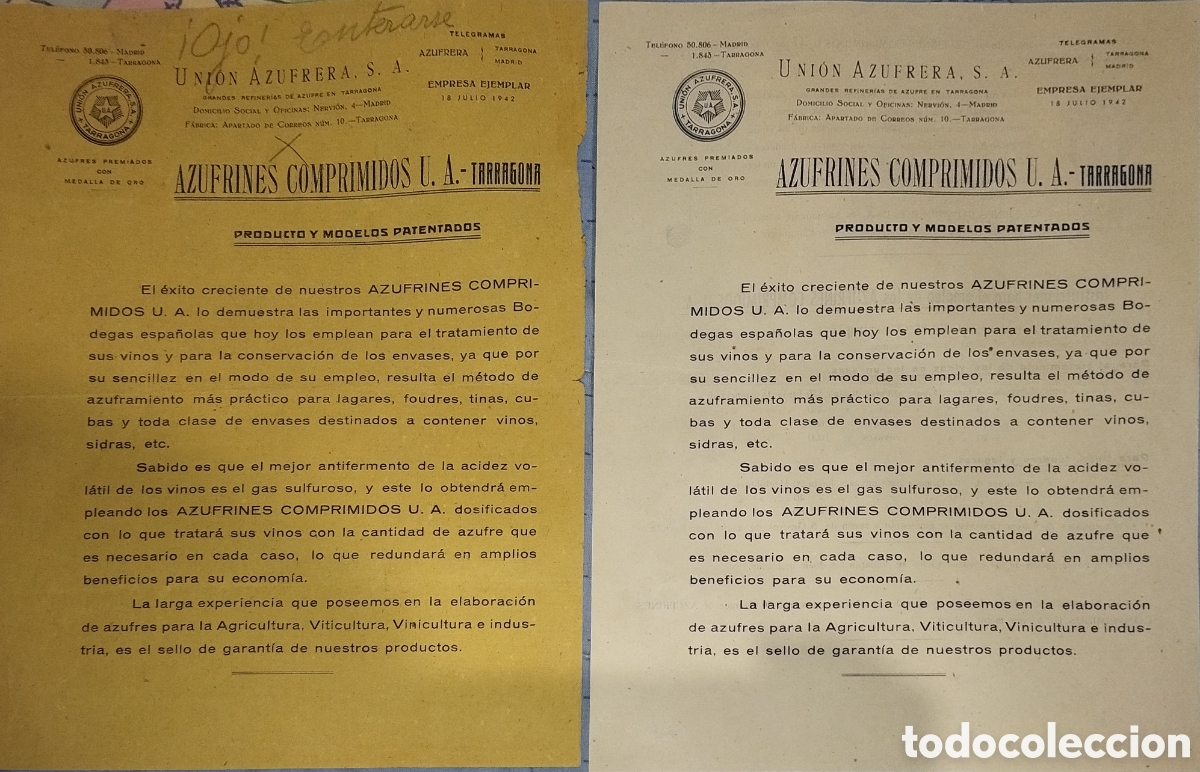 Cat&aacute;logos publicitarios: Lote 2 Folletos Variantes Azufrines Comprimidos U.A. Uni&oacute;n Azufrera Tarragona. Enolog&iacute;a / Viticultur