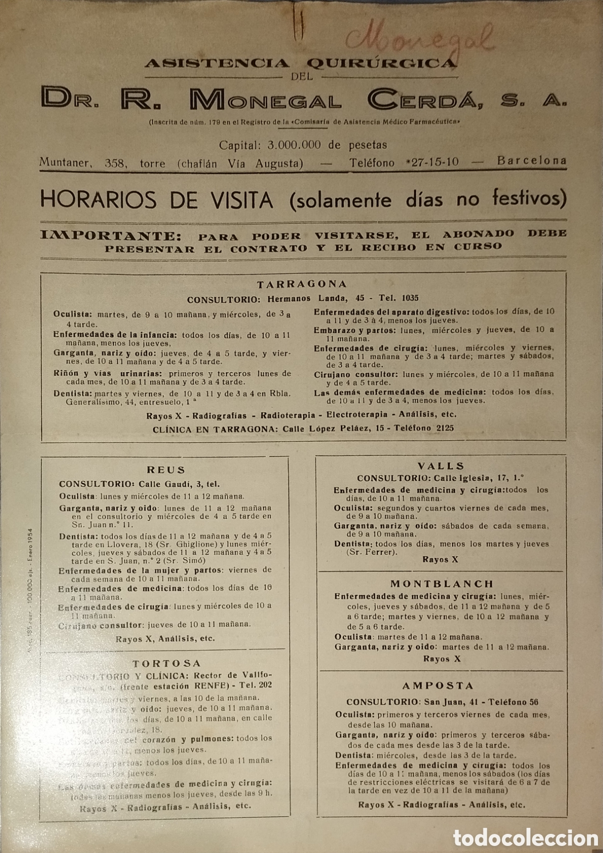Cat&aacute;logos publicitarios: Folleto M&eacute;dico 1954 Asistencia Quir&uacute;rgica Dr. Monegal. Horarios Tarragona Reus Valls Tortosa