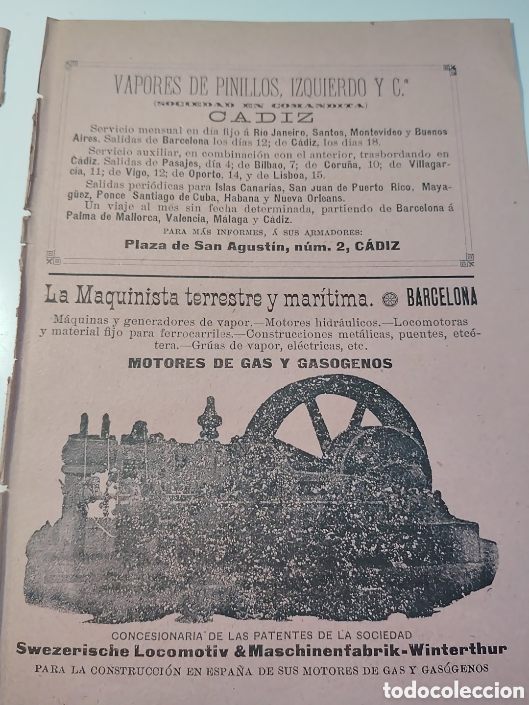 Cat&aacute;logos publicitarios: Vapores pinillos. Cadiz. La maquinista terrestre y maritima. Hoja publicidad varias a&ntilde;os 1916