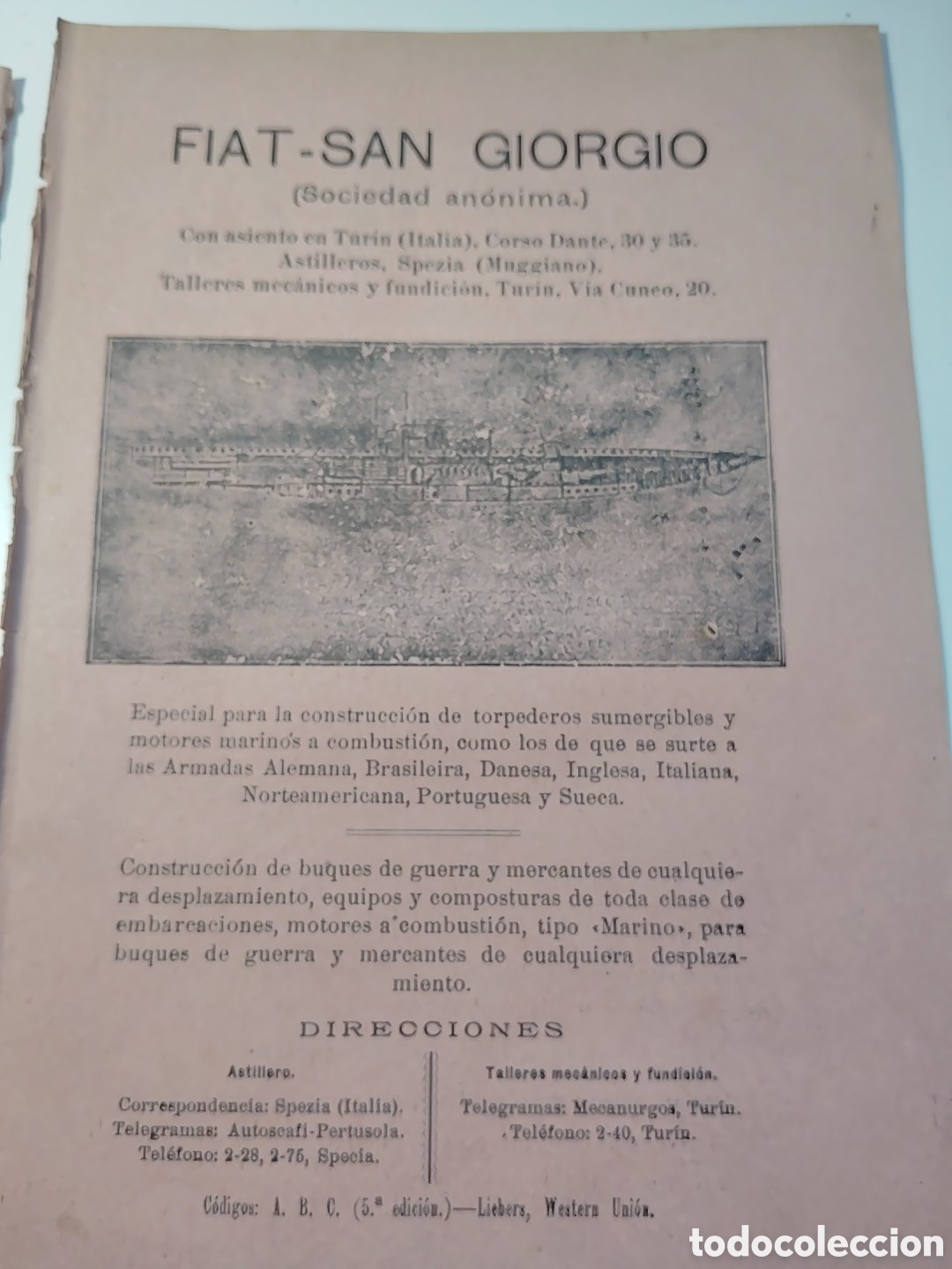 Cat&aacute;logos publicitarios: FIAT-SAN GIORGIO. ESPECIAL CONSTRUCCION DE TORPEDEROS SUMERGIBLES Y MOTORES MARINOS