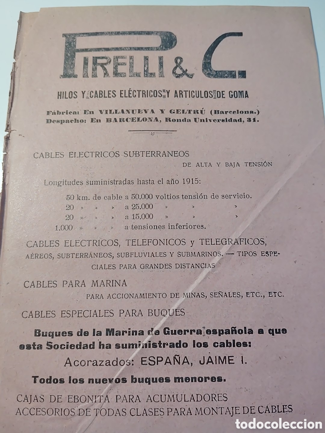 Cat&aacute;logos publicitarios: PIRELLI &C. HILOS Y CABLES ELECTRICOS Y ARTICULOS DE GOMA. HOJA DE PUBLICIDAD APO 1916