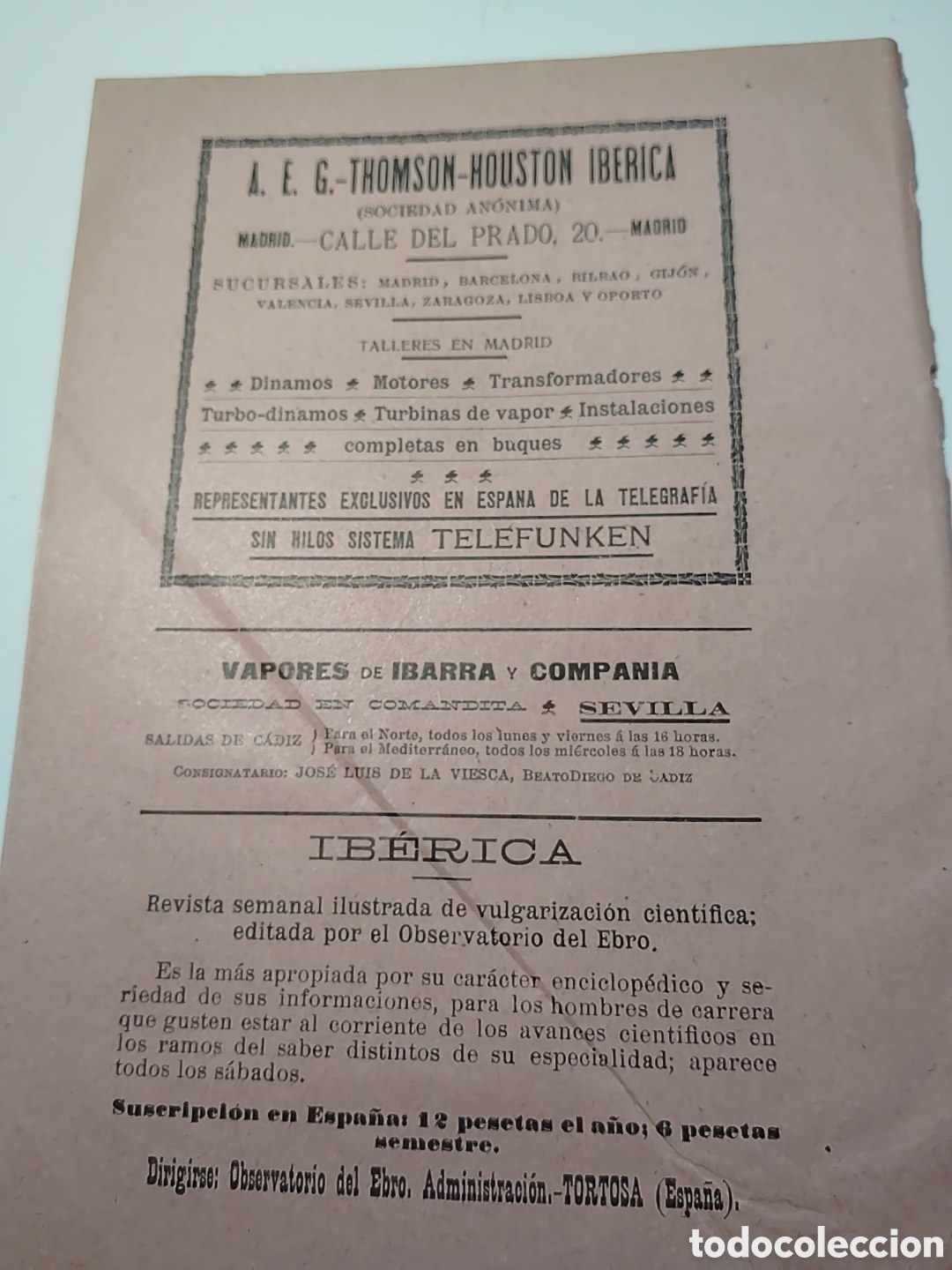 Cat&aacute;logos publicitarios: A.E.G. THOMPSON-HOUSTON IBERICA Y OTROS ANUNCIOS. HOJA PUBLICIDAD FE 1916