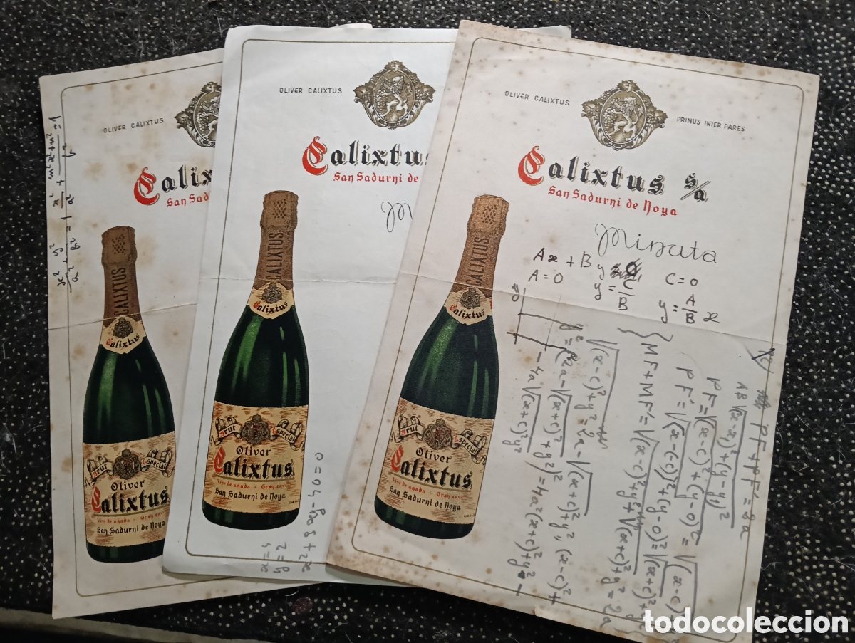 Cat&aacute;logos publicitarios: Minuta Cava OLIVER CALIXTUS, San Sadurn&iacute; de Noya, Barcelona, escrito con apuntes y operaciones matem