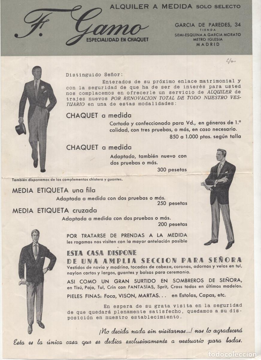 Cat&aacute;logos publicitarios: FOLLETO PUBLICITARIA EMBLEM&Aacute;TICA SASTRER&Iacute;A MADRILE&Ntilde;A F. GAMO (ESPECIALIDAD EN CHAQUET).