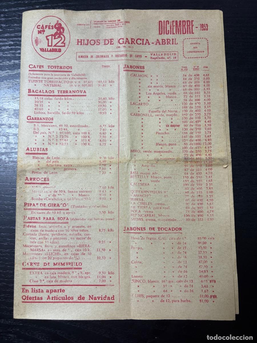Cat&aacute;logos publicitarios: LISTA DE PRECIOS - CAF&Eacute;S N&ordm; 12 - HIJOS GARCIA-ABRIL - VALLADOLID - DICIEMBRE 1953