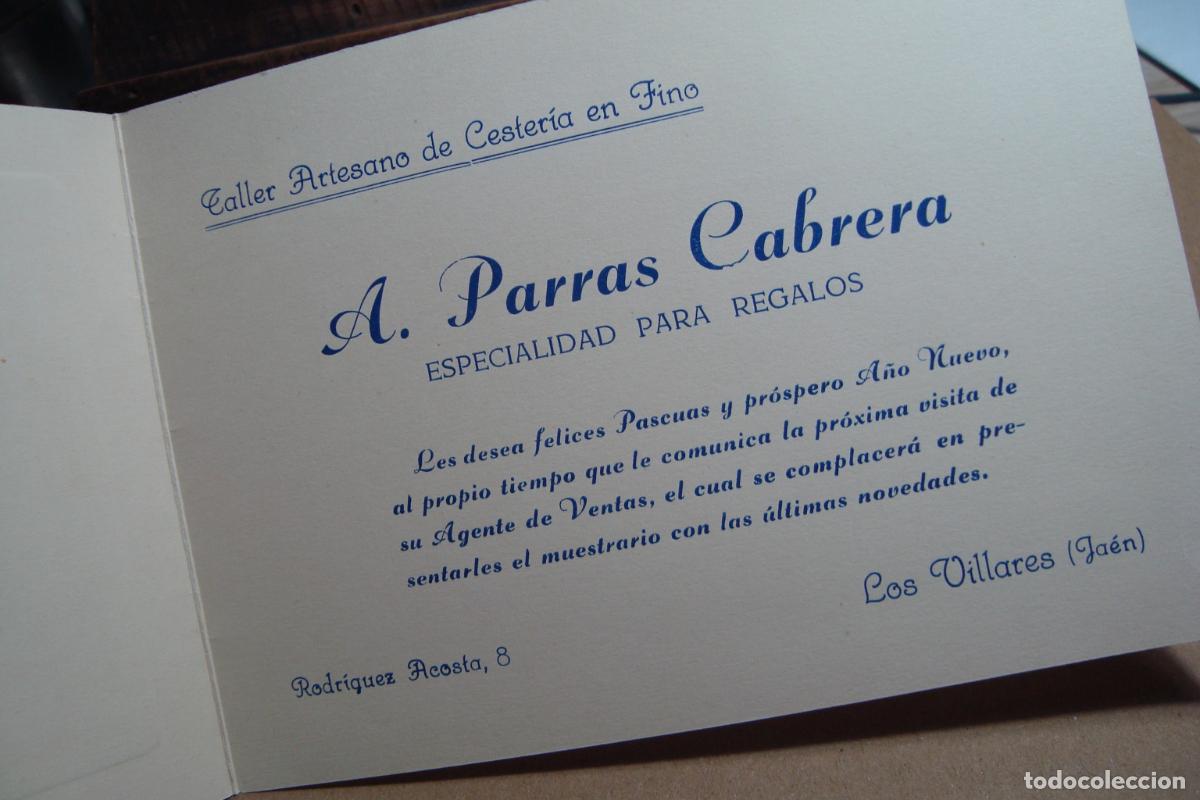 Cat&aacute;logos publicitarios: ANTIGUA TARJETA NAVIDAD A.PARRAS CABRERA. TALLER ARTESANO CESTERIA EN FINO. LOS VILLARES JAEN 1959?