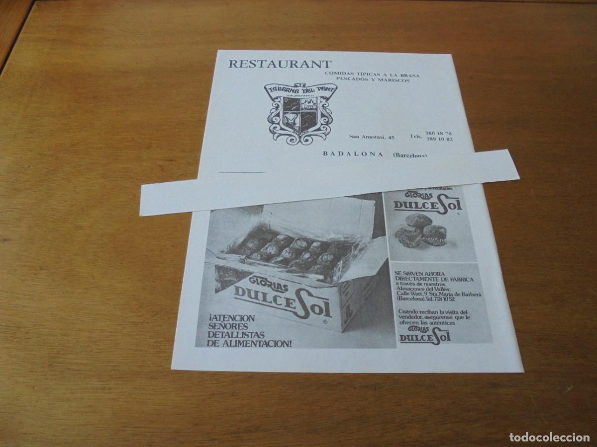 Cat&aacute;logos publicitarios: PUBLICIDAD 1979: TABERNA DEL PONT, BADALONA / GLORIAS DULCESOL.