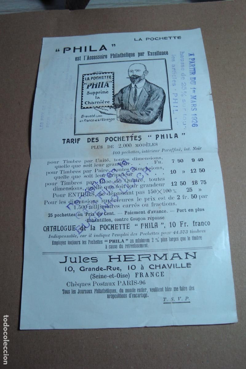 Cat&aacute;logos publicitarios: ANTIGUA PUBLICIDAD LA POCHETTE PHILA. JULES HERMAN PARIS 1926. CASA FILATELICA EUGENIO LLACH