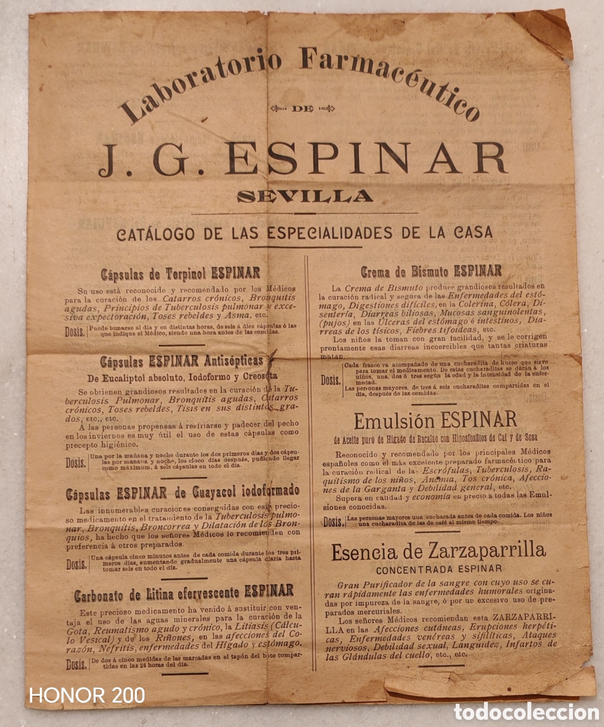 Cat&aacute;logos publicitarios: Folleto Publicitario D&iacute;ptico - Laboratorio Farmac&eacute;utico de J G. Espinar - Sevilla C.1900