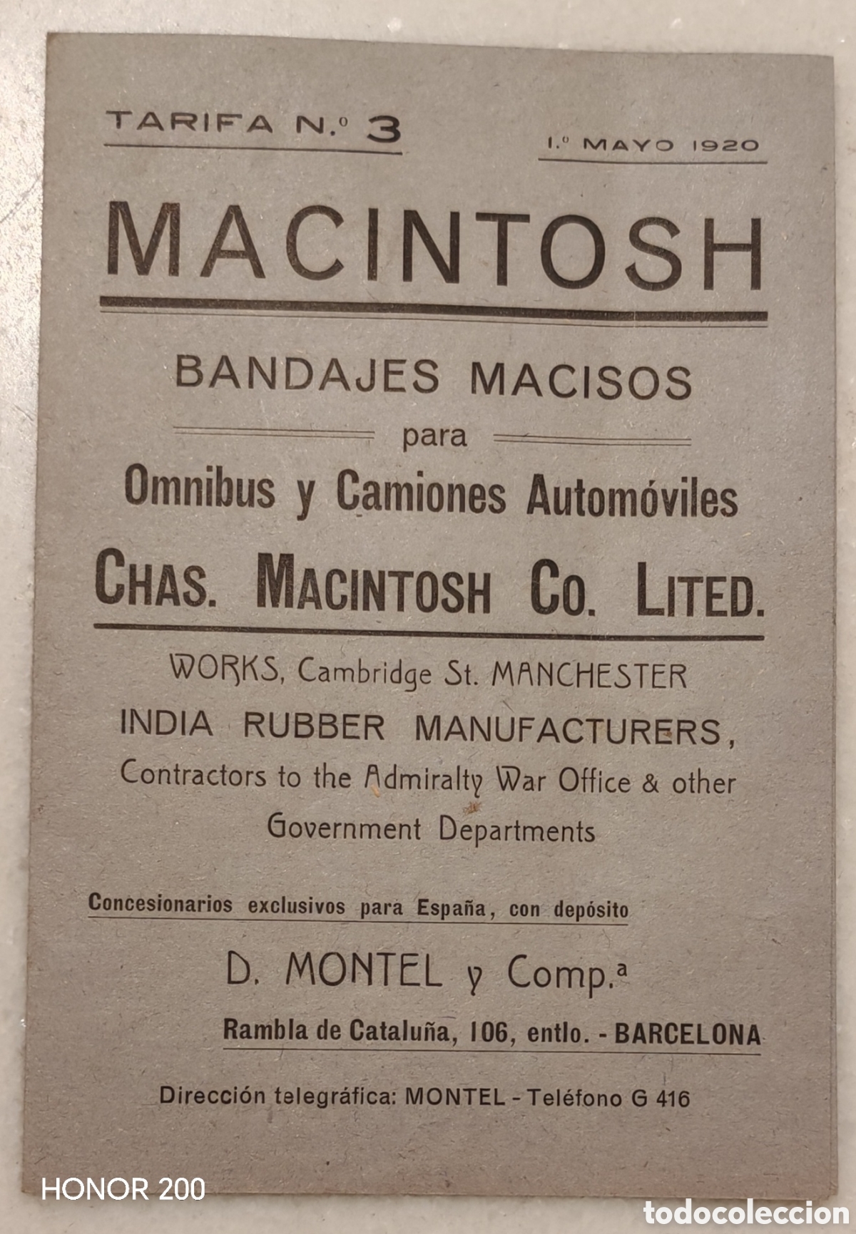 Cat&aacute;logos publicitarios: D&iacute;ptico Publicitario - Macintosh. Bandajes Macizos para Camione &Oacute;mnibus Autom&oacute;viles - Barcelona 1920