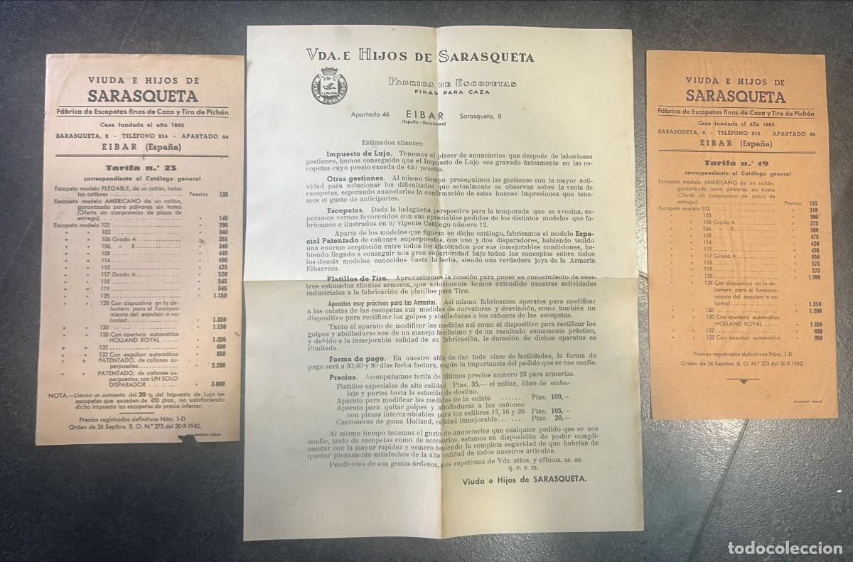 Cat&aacute;logos publicitarios: TARIFA DE PRECIOS Y CARTA A LOS CLIENTES DE VIUDA E HIJOS DE SARASQUETA EIBAR 3 DOCUMENTOS