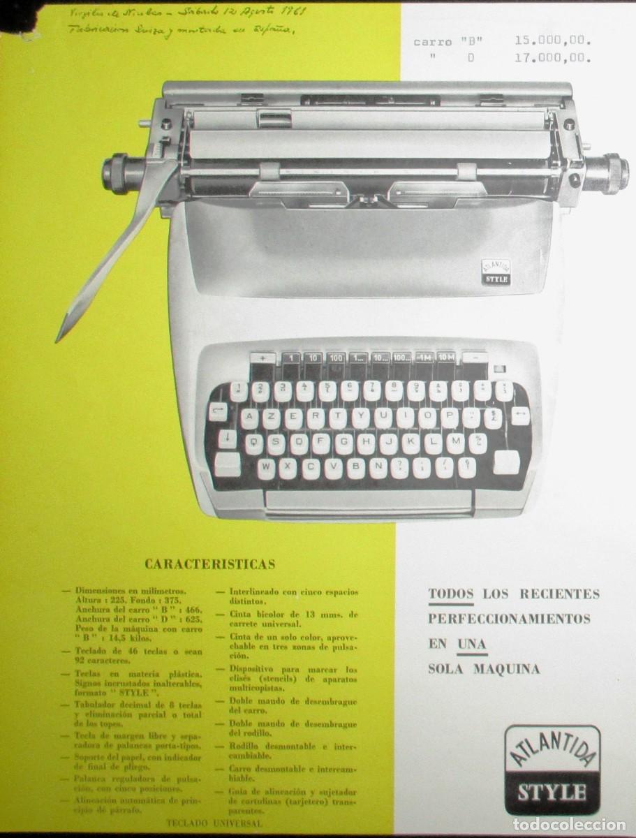 Cat&aacute;logos publicit&aacute;rios: HOJA PUBLICITARIA DE LA M&Aacute;QUINA DE ESCRIBIR ATL&Aacute;NTIDA STYLE. ORIGINAL DE 1961.