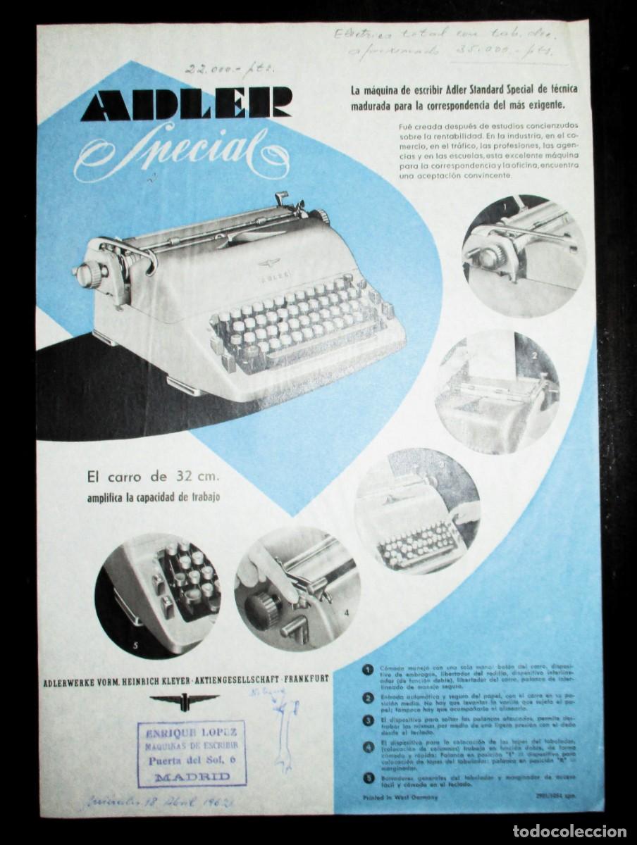 Advertising Catalogs: HOJA PUBLICITARIA DE LA M&Aacute;QUINA DE ESCRIBIR ADLER SPECIAL. ORIGINAL DE 1962. EN ESPA&Ntilde;OL.