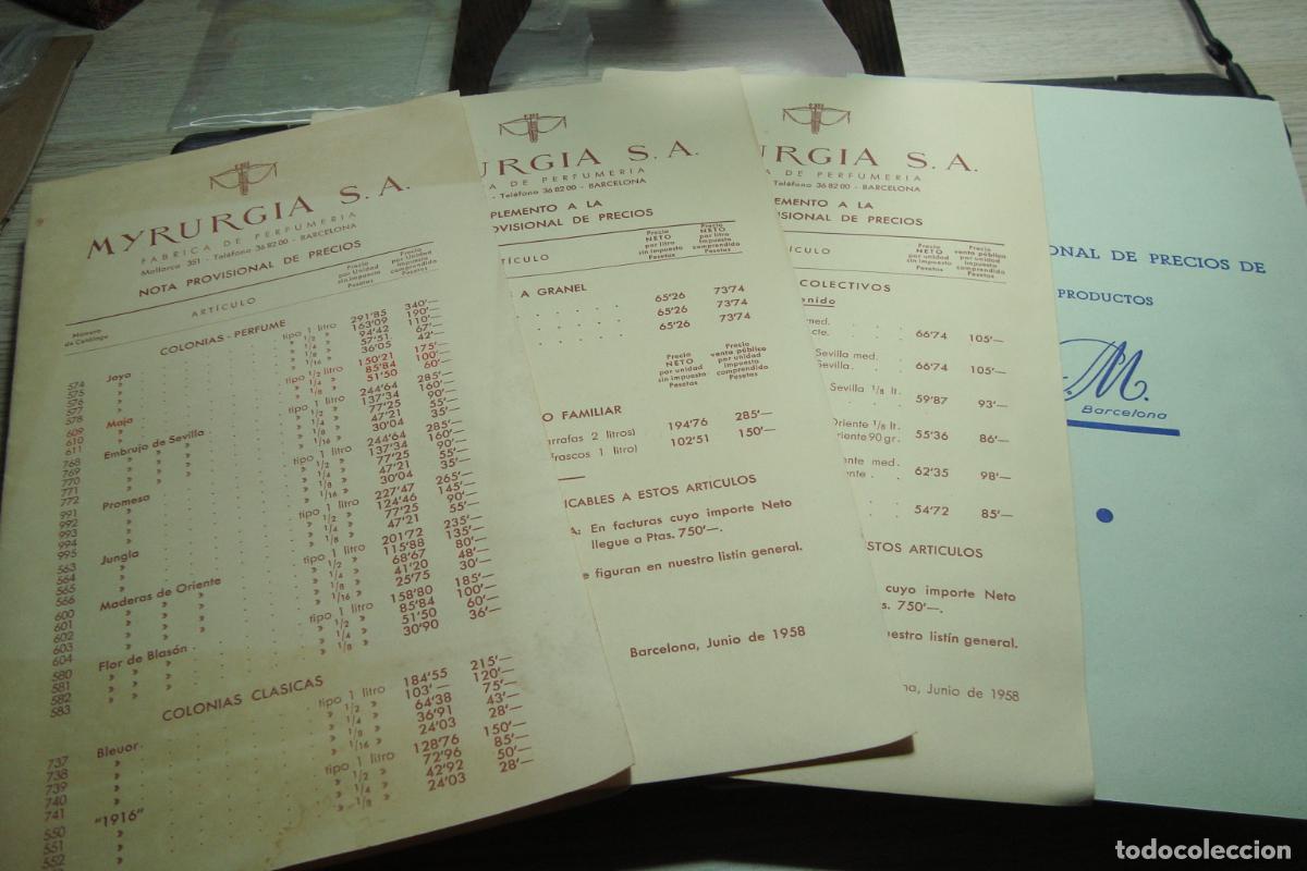 Cat&aacute;logos publicitarios: MYRURGIA S.A FABRICA DE PERFUMERIA. NOTAS DE PRECIOS BARCELONA 1958.