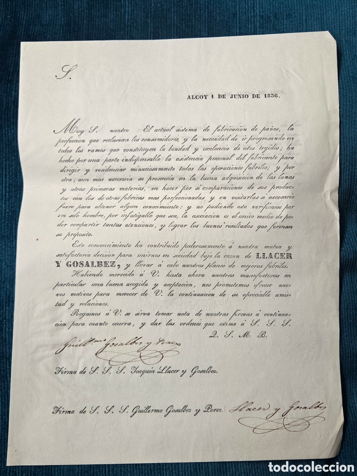 Cat&aacute;logos publicit&aacute;rios: ALCOY ALICANTE 1836 CARTA PUBLICITARIA LLACER Y GOSALBEZ EMPRESA TEXTIL