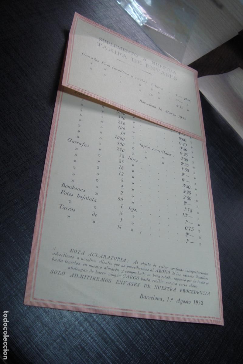 Cat&aacute;logos publicitarios: MYRURGIA S.A FABRICA DE PERFUMERIA BARCELONA. SUPLEMENTO TARIFA DE ENVASES 1932.