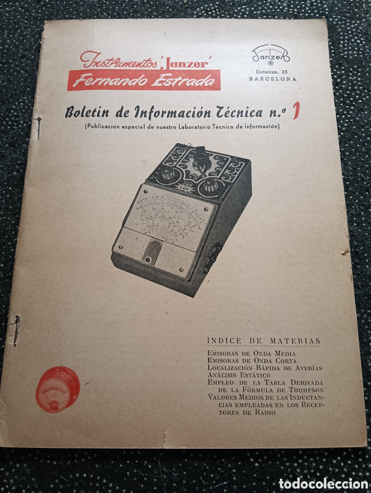 Cat&aacute;logos publicit&aacute;rios: Bolet&iacute;n de Informaci&oacute;n T&eacute;cnica n.&ordm; 1 de la marca de instrumentos de medici&oacute;n y radio Instrumentos Ja