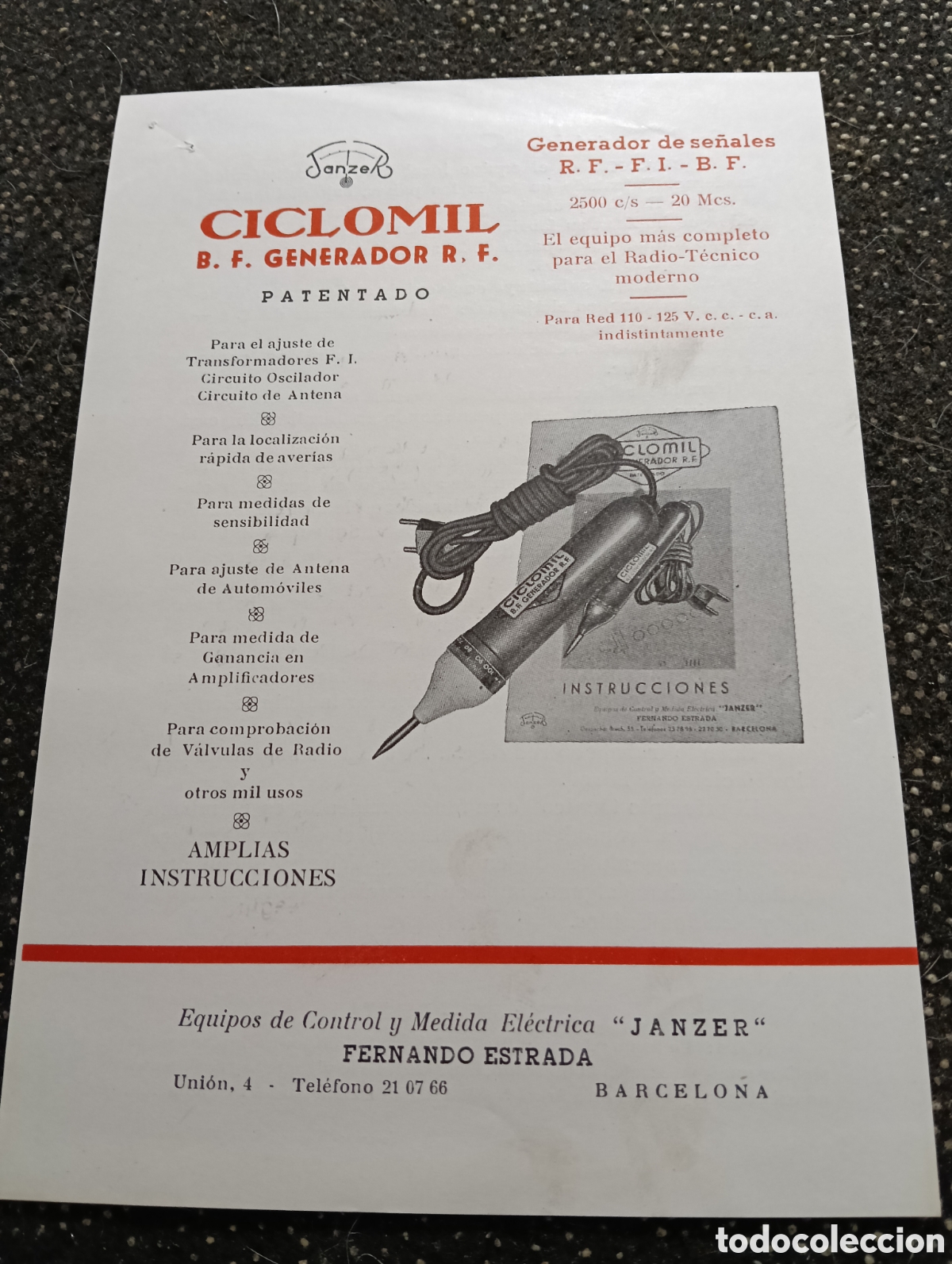 Cat&aacute;logos publicit&aacute;rios: Ciclomil Folleto de Instrumentos JANZER Fernando Estrada Pontil.