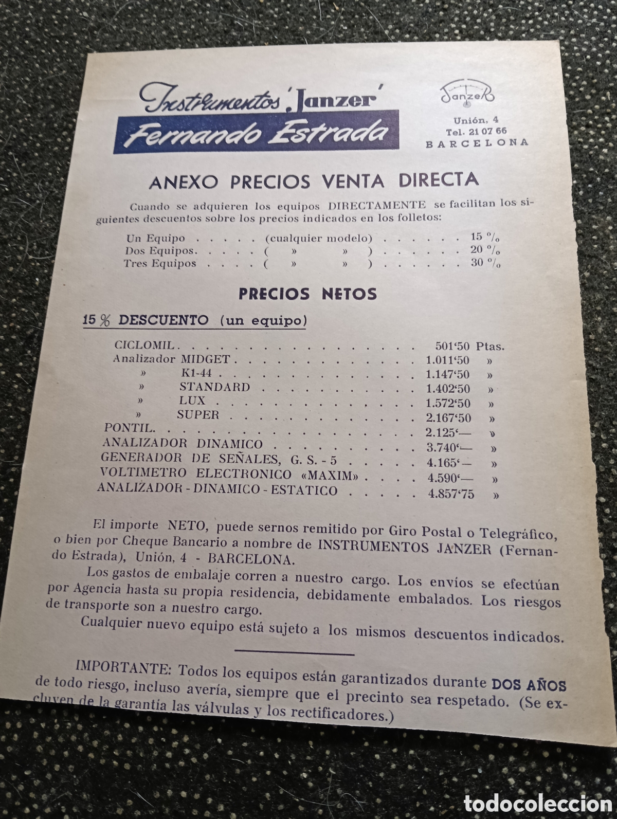 Cat&aacute;logos publicitarios: Anexo precios Folleto de Instrumentos JANZER Fernando Estrada Pontil.