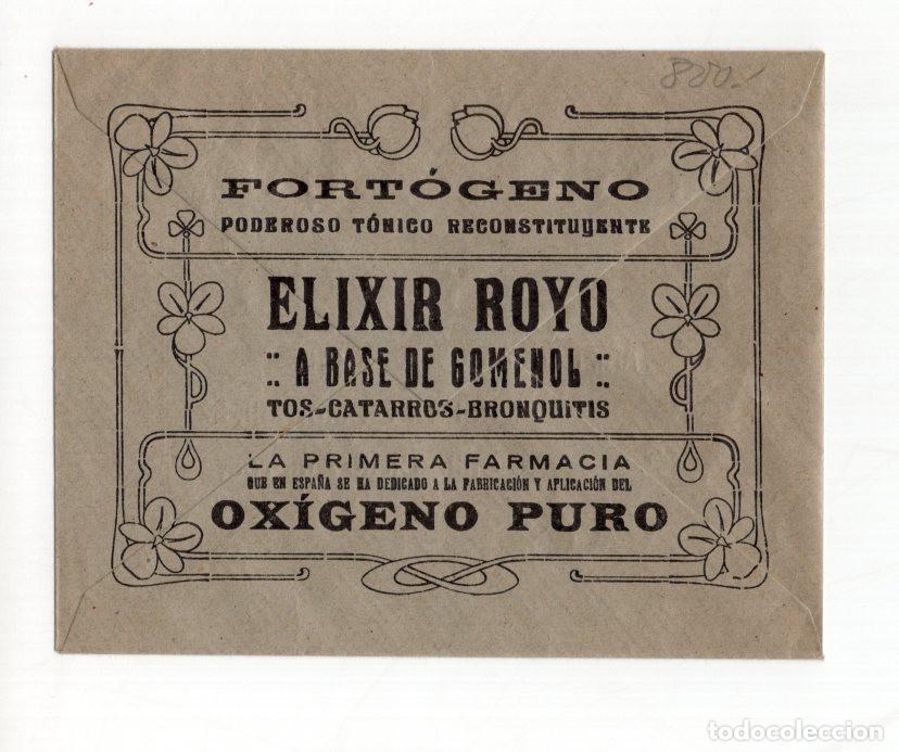 Cat&aacute;logos publicitarios: SOBRE PUBLICITARIO FARMACIA ROYO VALENCIA 1920. REVERSO: MARCAS OX&Iacute;GENO PURO, PI Y MARGALL Y CIRILO