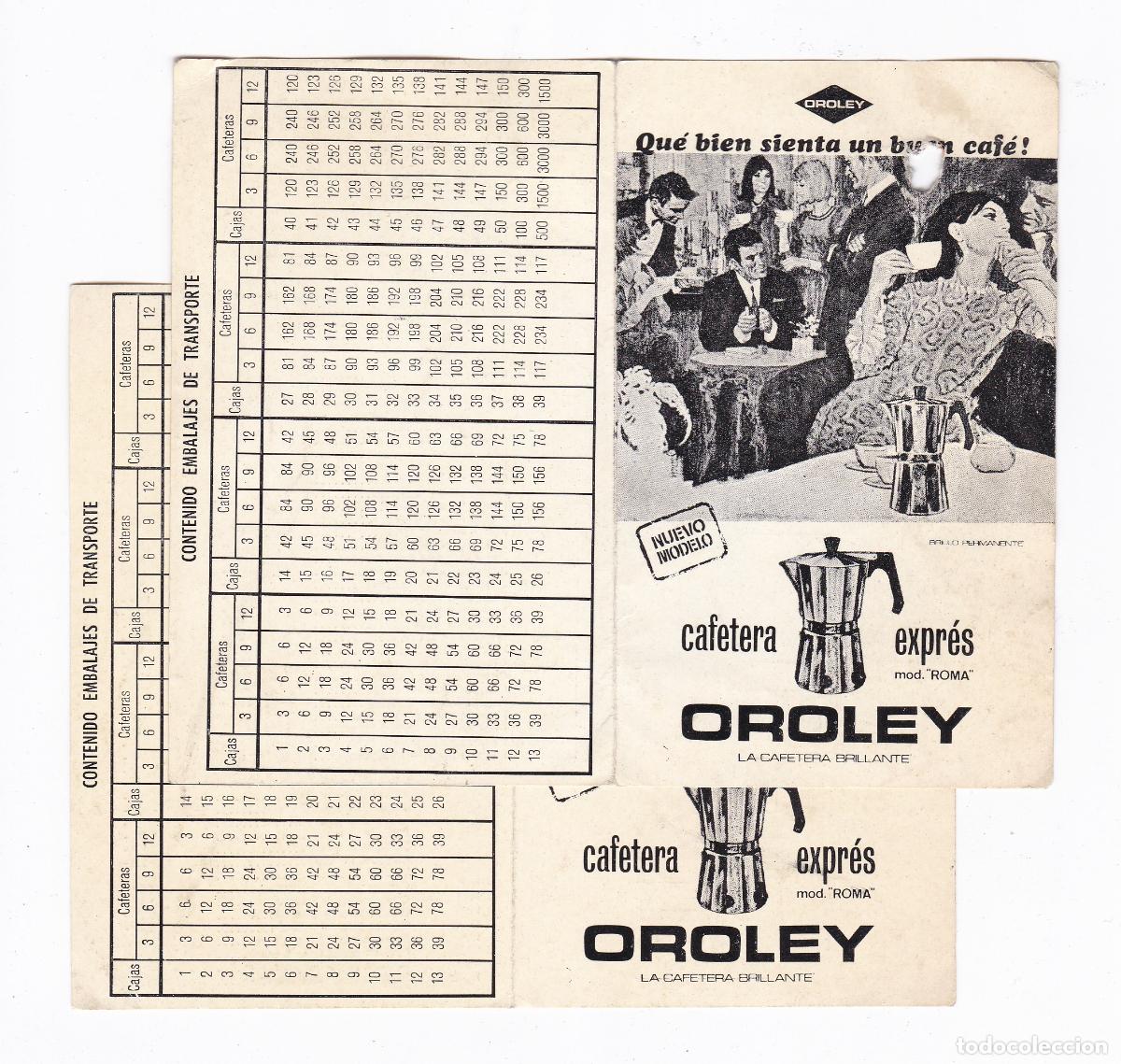 Cat&aacute;logos publicit&aacute;rios: Cafetera Express Oroley. Modelo Roma. Lote de dos tarjetas con listas de precio.