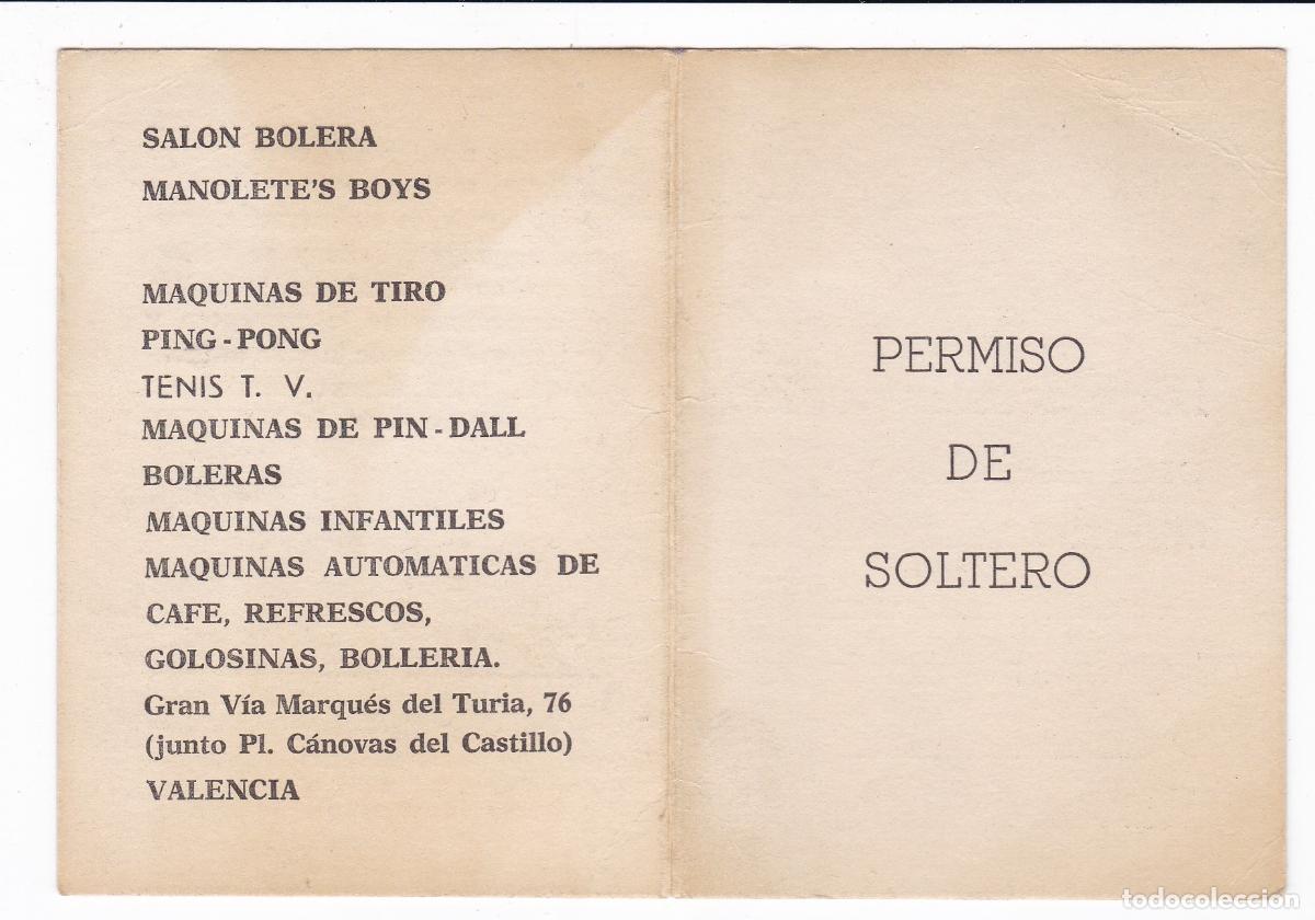 Cat&aacute;logos publicit&aacute;rios: Salon Bolera Manolete&acute;s Boys. Valencia. Antigua tarjeta publicitaria. Permiso de solteros.