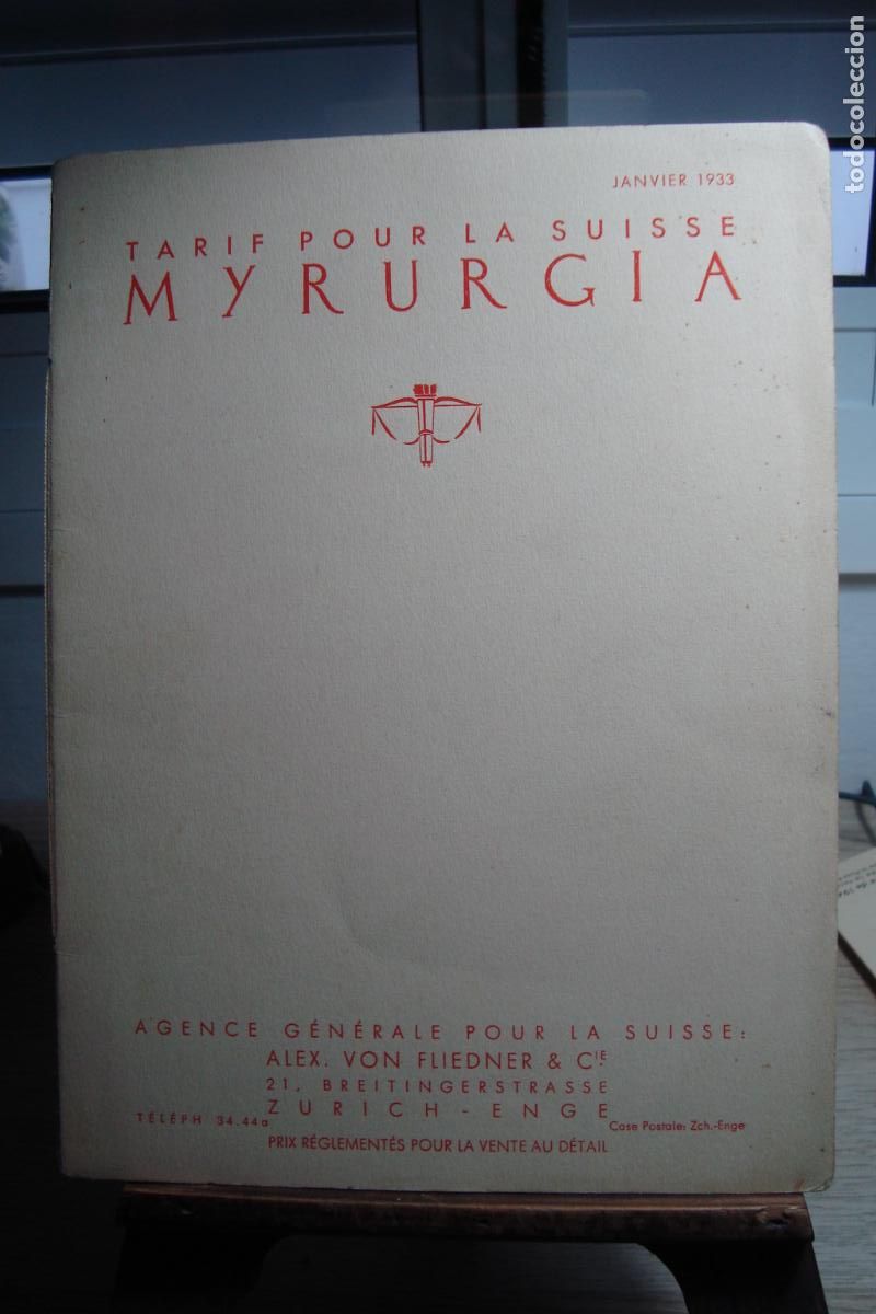 Cat&aacute;logos publicitarios: MYRURGIA S.A FABRICA PERFUMERIA. TARIF POUR LA SUISSE. ALEX VON FLIEDNER & CIA. ZURICH 1933.