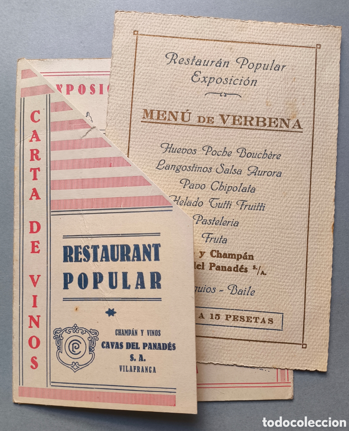 Cat&aacute;logos publicitarios: EXPOSICI&Oacute;N INTERNACIONAL CARTA VINOS RESTAURANT POPULAR BARCELONA 1929