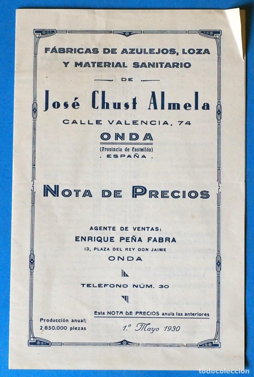Cat&aacute;logos publicitarios: ANTIGUA PUBLICIDAD: F&Aacute;BRICA DE AZULEJOS. JOS&Eacute; CHUST ALMEDA. ONDA (CASTELL&Oacute;N). A&Ntilde;O 1930