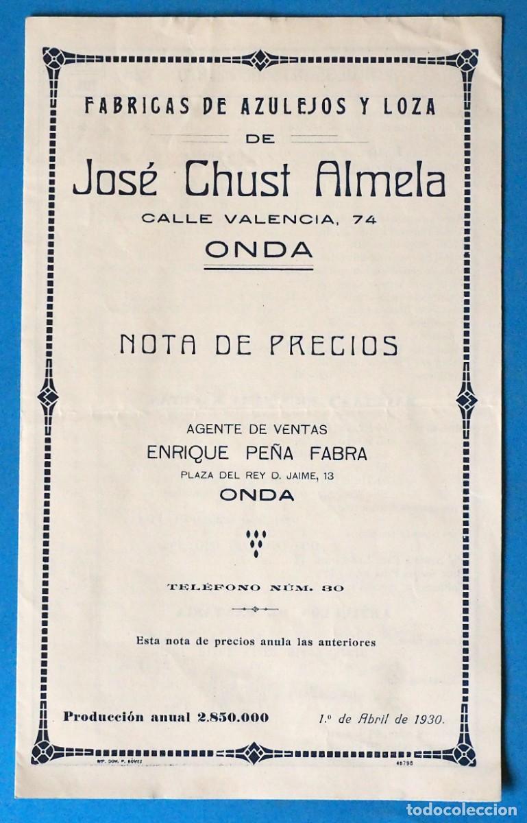 Cat&aacute;logos publicitarios: ANTIGUA PUBLICIDAD: FABRICA DE AZULEJOS Y LOZA. JOS&Eacute; CHUST ALMEDA. ONDA (CASTELL&Oacute;N). A&Ntilde;O 1930