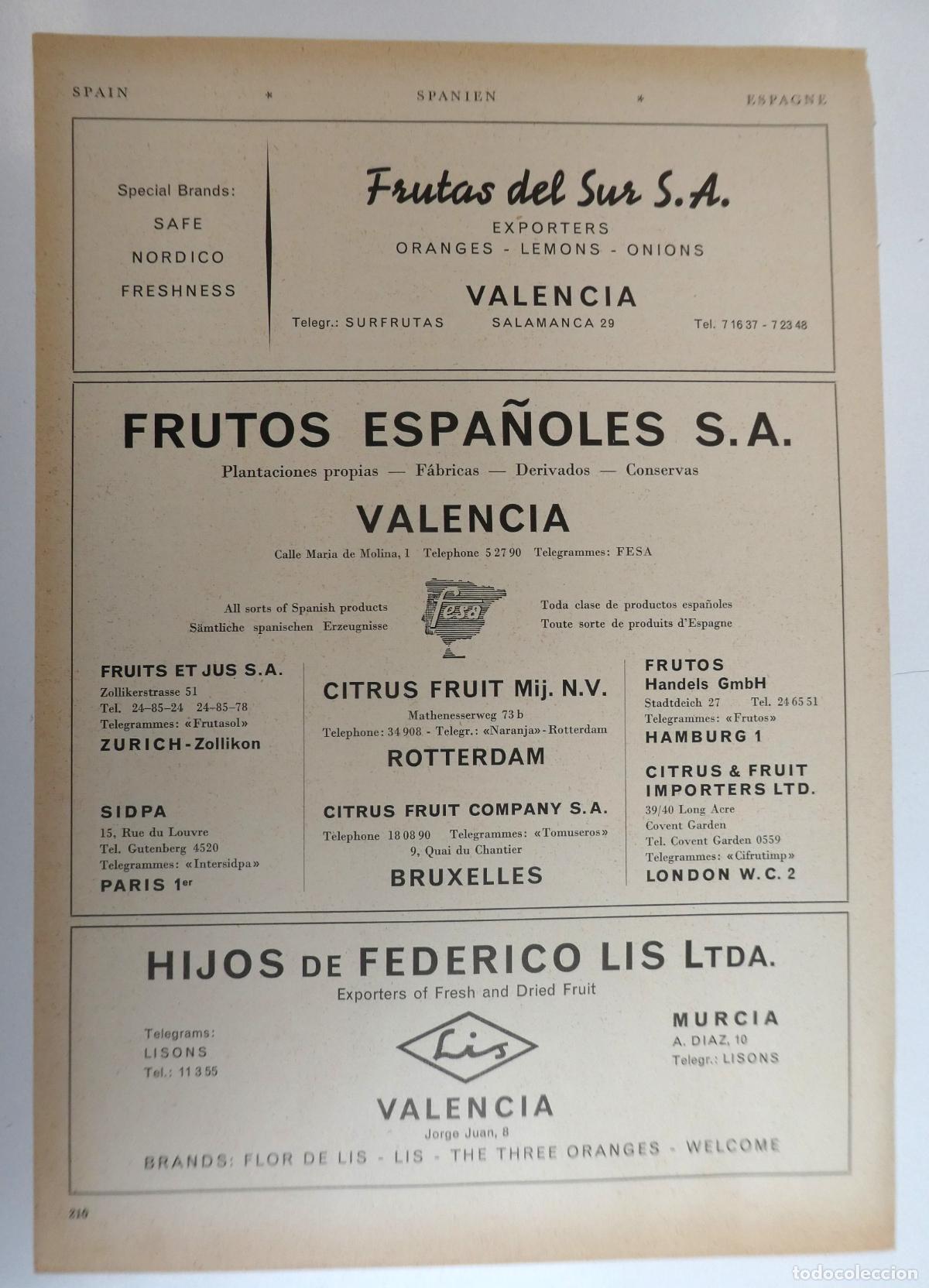 Cat&aacute;logos publicitarios: Recorte publicitario de frutas de Valencia , a&ntilde;os 50 mide 20X30 cm
