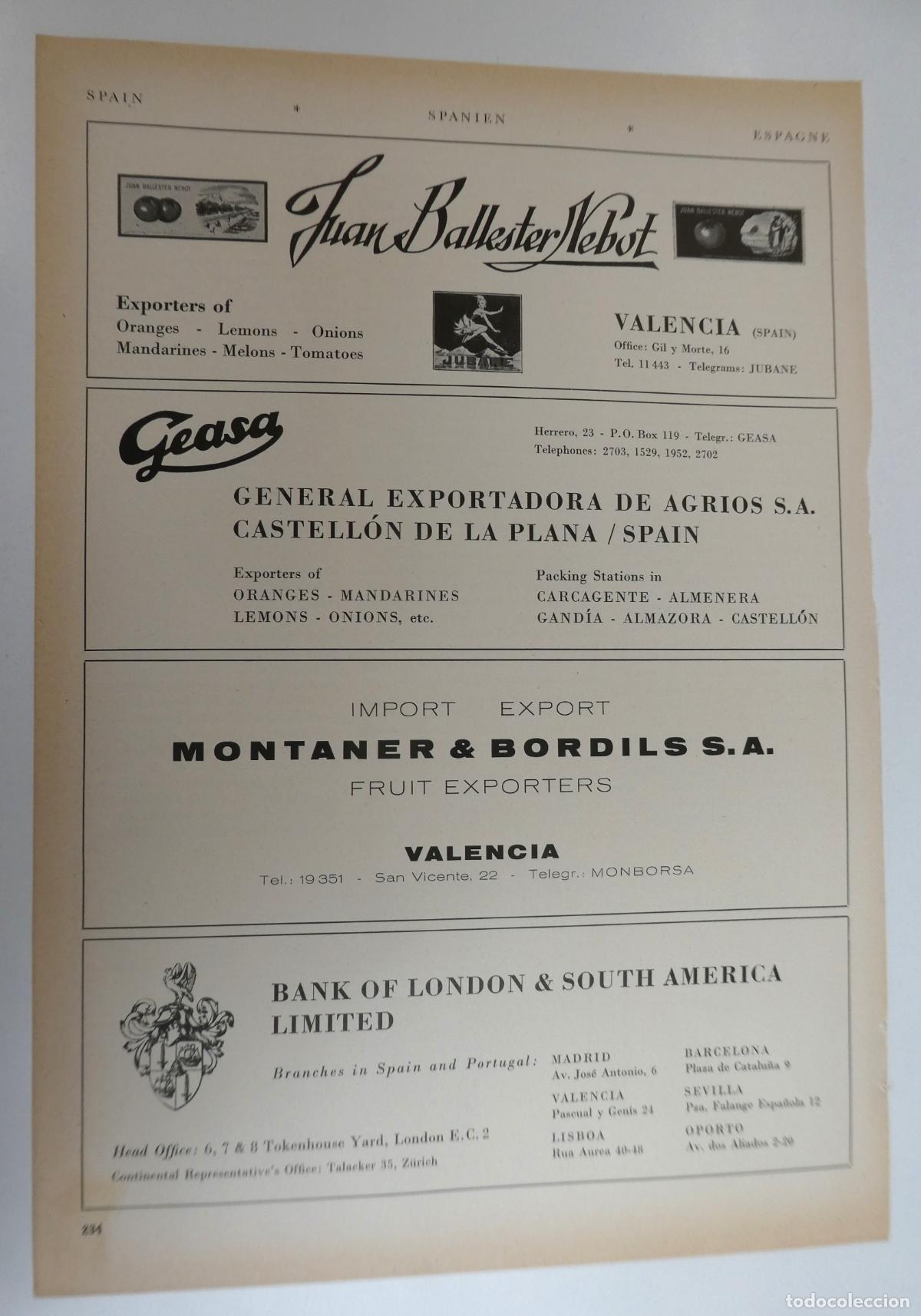 Cat&aacute;logos publicitarios: Recorte publicitario de frutas de Valencia y Castellon, a&ntilde;os 50 mide 20X30 cm