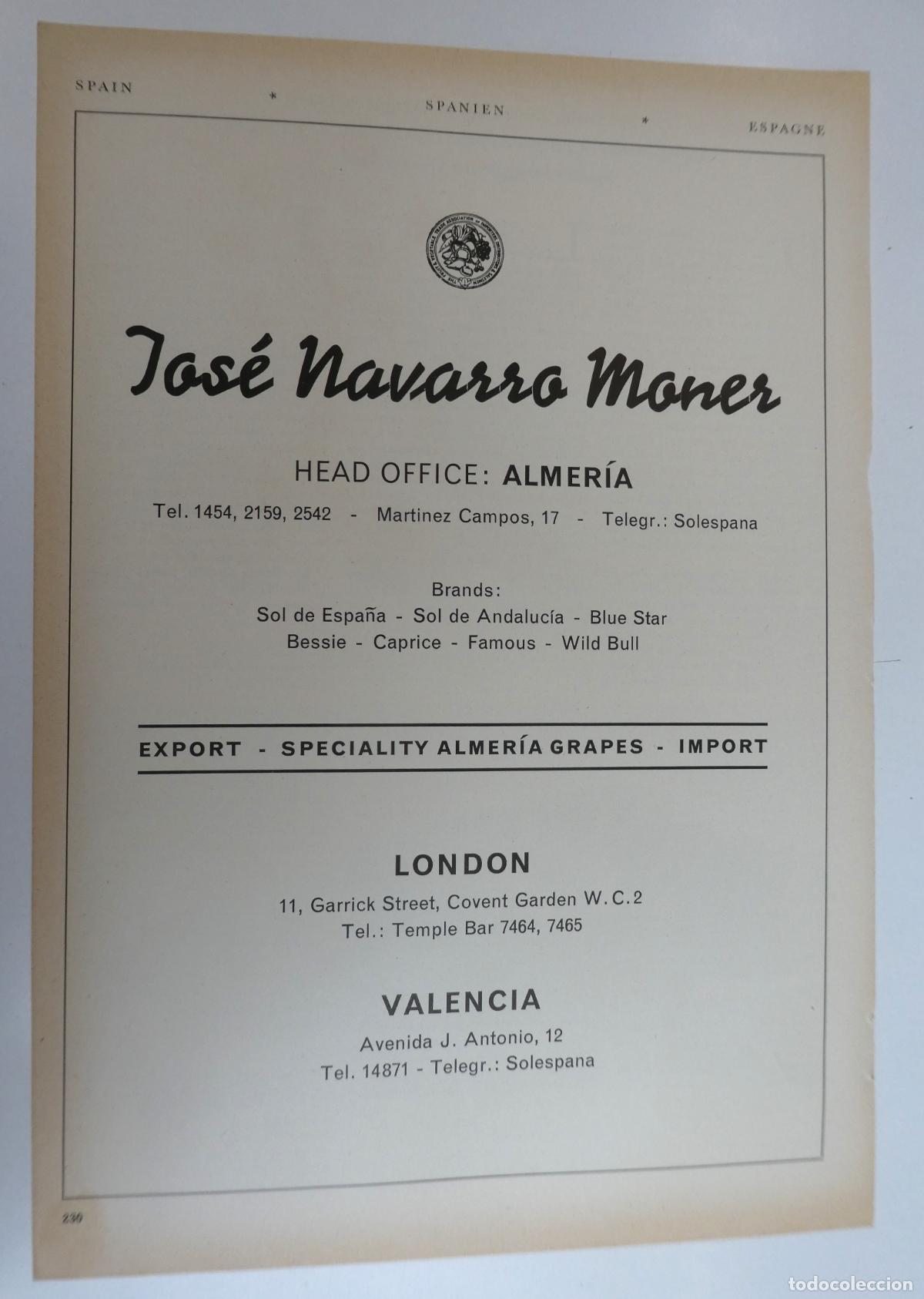 Cat&aacute;logos publicitarios: Recorte publicitario de frutas de Jose Navarro Moner Almeria, a&ntilde;os 50 mide 20X30 cm.