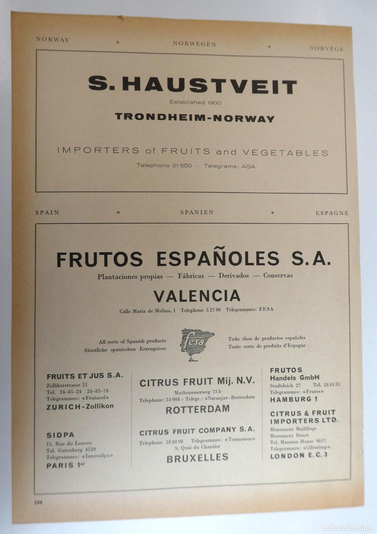 Cat&aacute;logos publicitarios: Recorte publicitario de frutas de Valencia , a&ntilde;os 50 mide 20X30 cm
