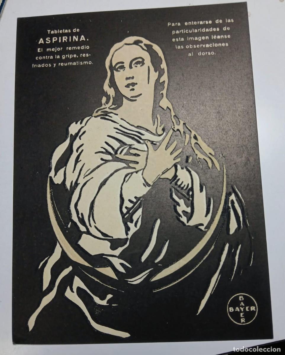 Cat&aacute;logos publicitarios: Dos Antiguas Tarjetas Publicitarias Fosforescentes Aspirina Bayer - Virgen y Crucificado A&ntilde;os 40/50)