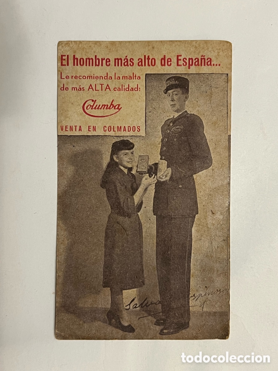 Cat&aacute;logos publicitarios: CAFES COLUMBA-EL HOMBRE MAS ALTO DE ESPA&Ntilde;A-PUBLICIDAD ANTIGUA (h.1940?)